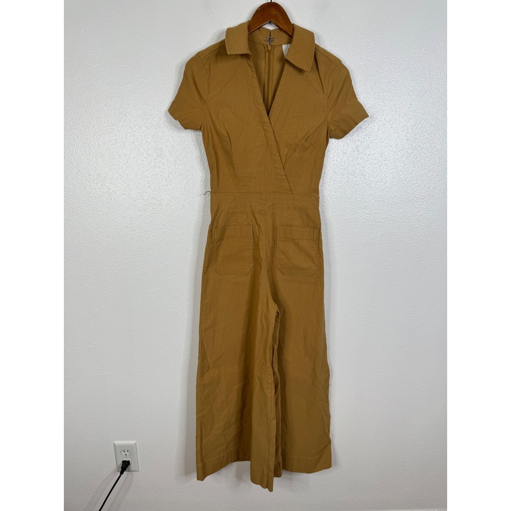 Maeve Anthropologie Mustard Yellow Linen Blend Short Sleeve Wide Leg Jumpsuit 0